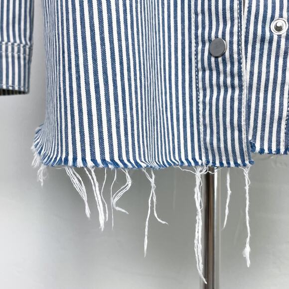 Mavi Livia Oversized Striped Raw Hem Cotton Denim Shacket Shirt - Picture 7 of 12